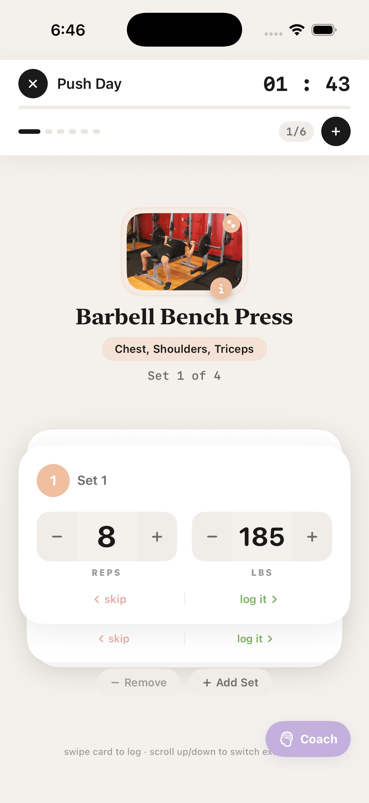 LiftAi active workout screen with set logging and rest timer