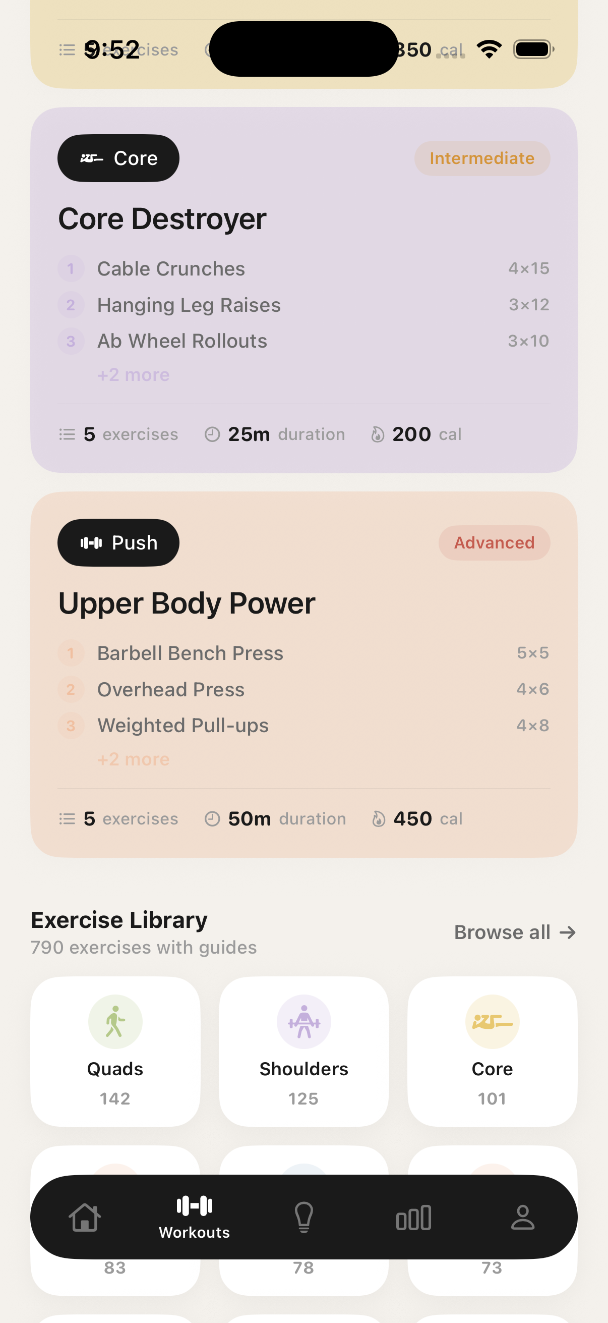 LiftAi exercise library showing the 790+ exercise database with filters
