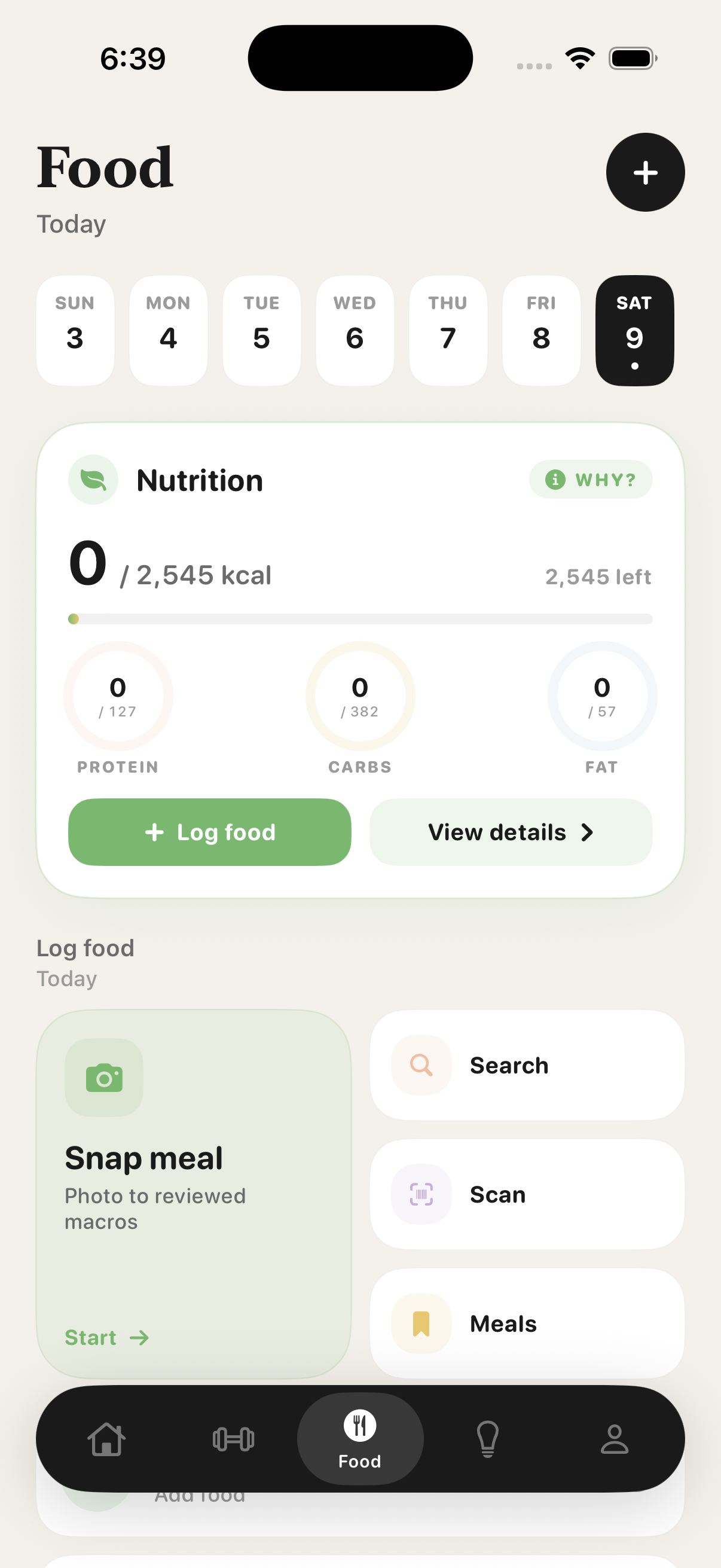 LiftAi nutrition dashboard with macro rings and quick-log shortcuts