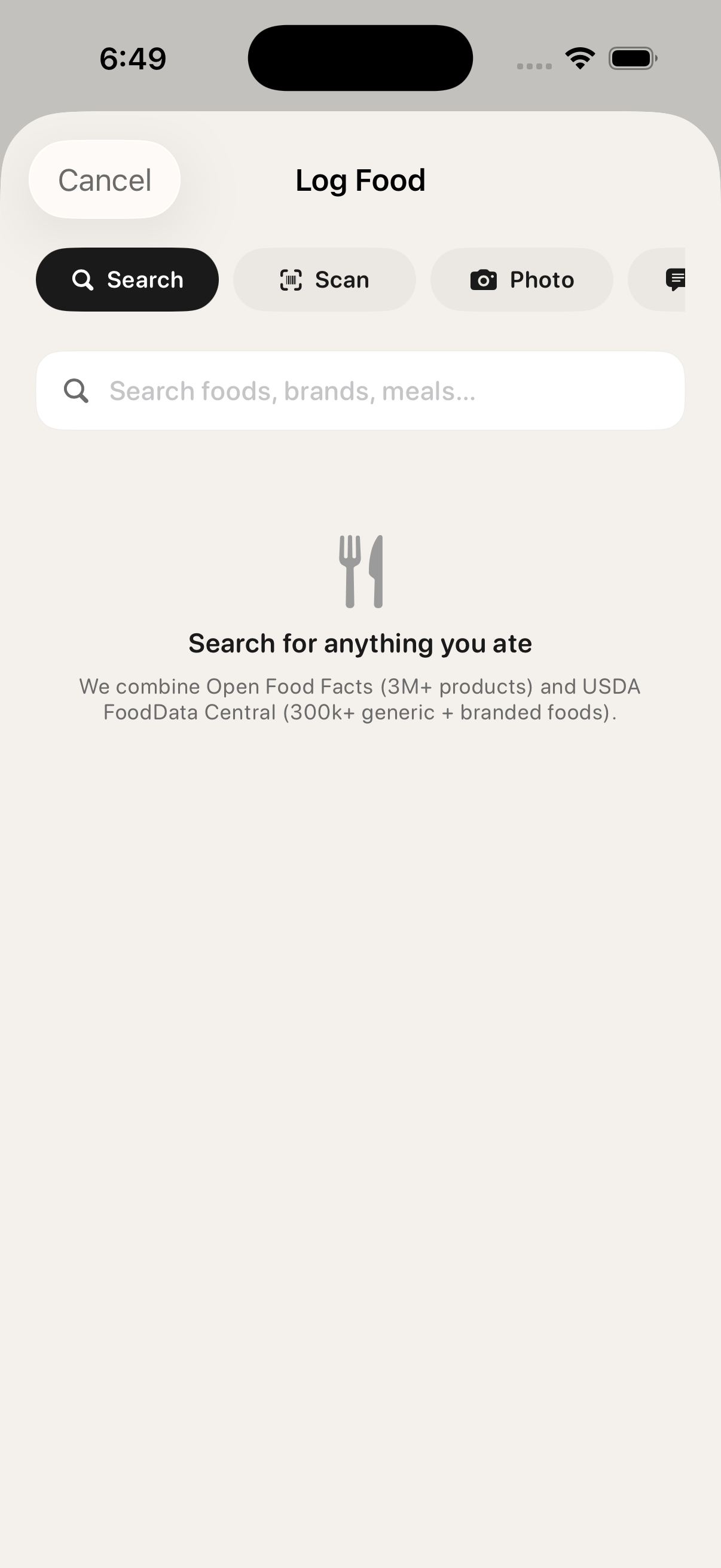 LiftAi food logger with Search, Scan, and Photo modes